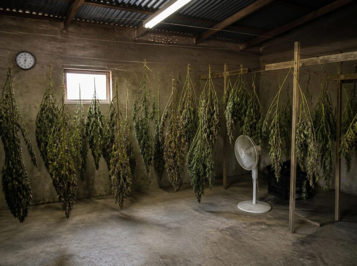 Cannabis hanging in a drying facility