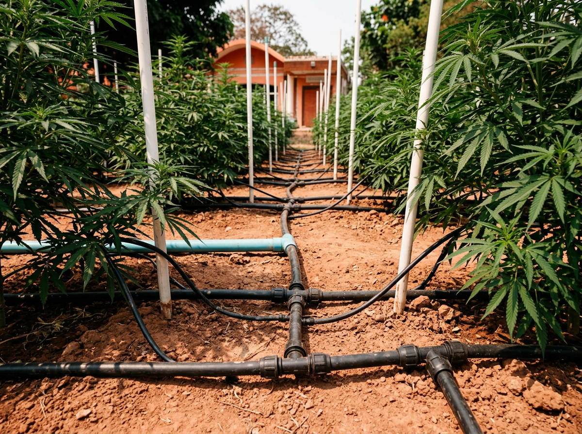 Drip irrigation between rows of young plants