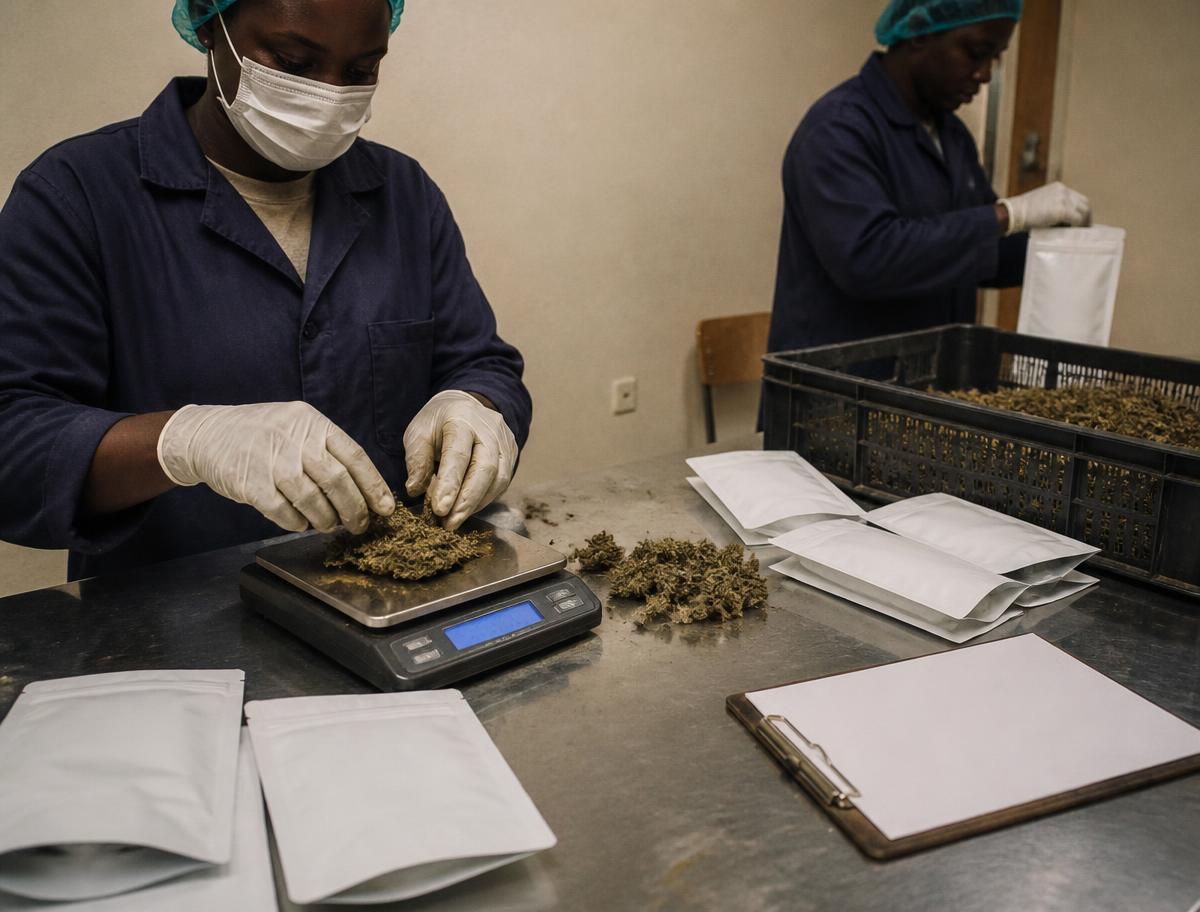 Gloved hands packing dried plant material